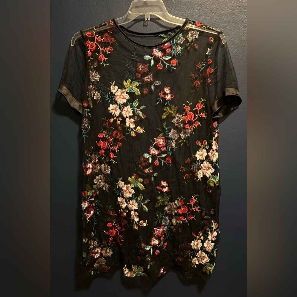 Floral Embroidered Black Mesh Dress